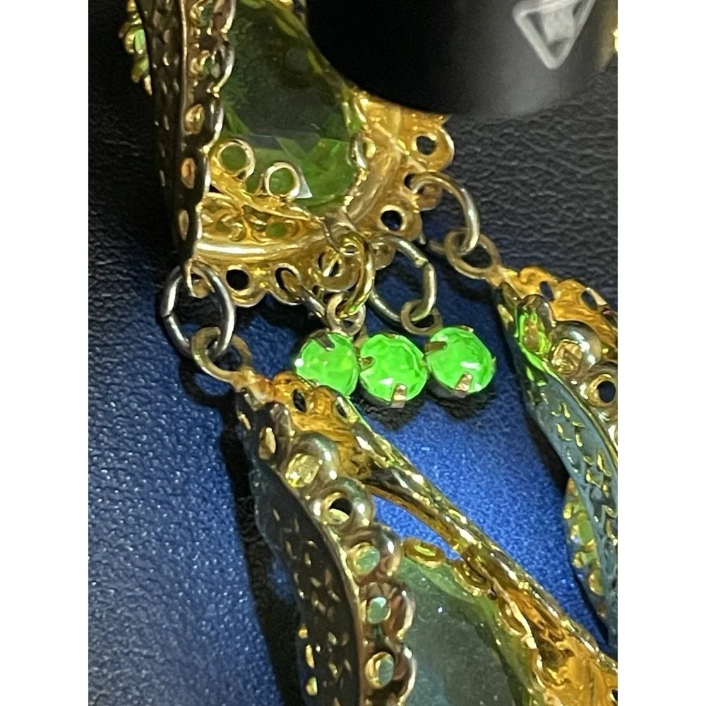 Vintage PARK LANE Necklace Rhinestone Green Gold Tone 22" Long Statement GLOW - Picture 14 of 16